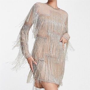 ASOS DESIGN linear embellished beaded long sleeve shirt midi dress
